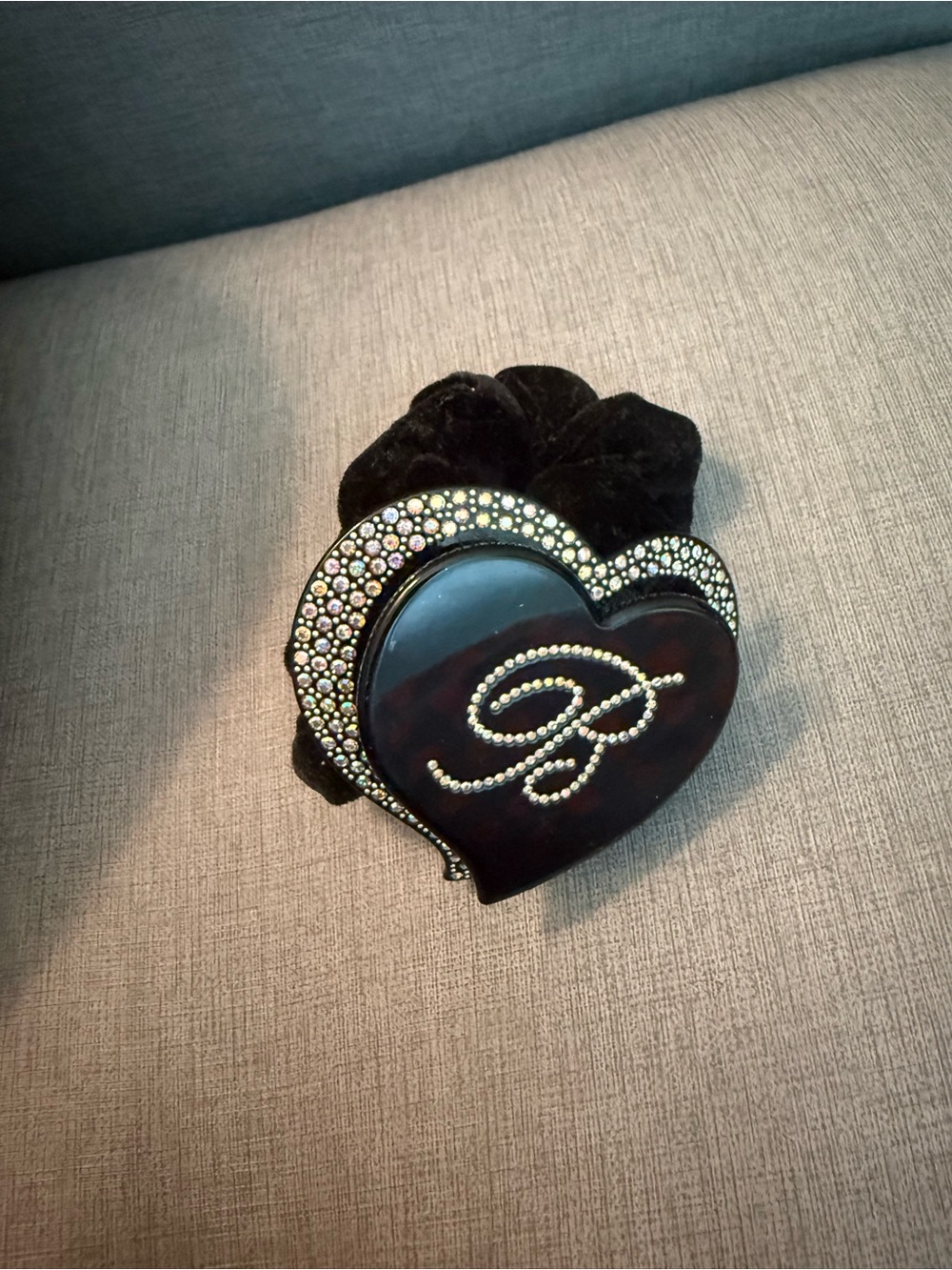 Rhinestone Heart Initial 'B' Velvet Scrunchie